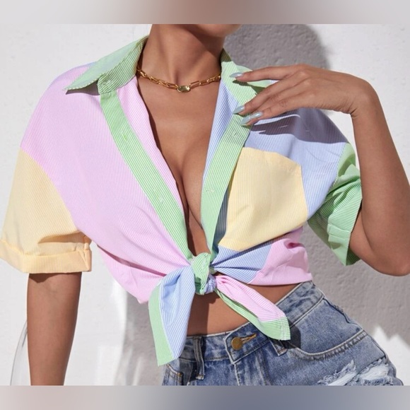 BRAND NEW! Striped Colorblock Drop Shoulder Patch Pocket Shirt; Medium/6 - Picture 6 of 6